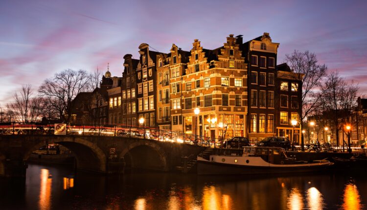 Amsterdam canal houses at dusk