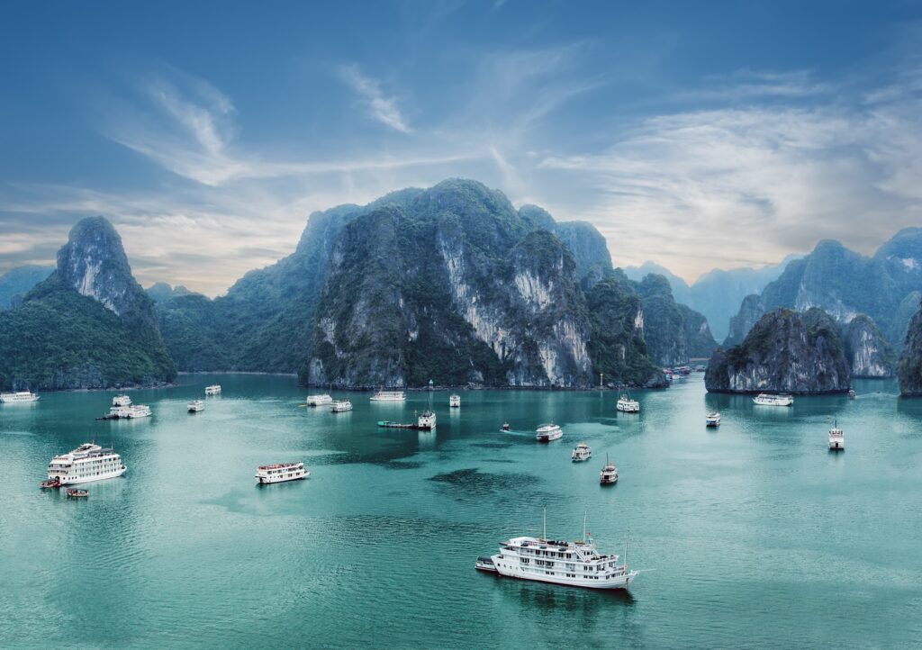 Early morning landscape with blue fog at Ha Long Bay, South China Sea, Vietnam